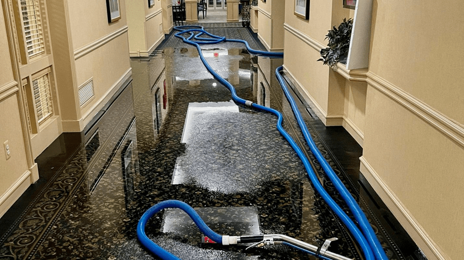 Water damage drying equipment inside a damaged property